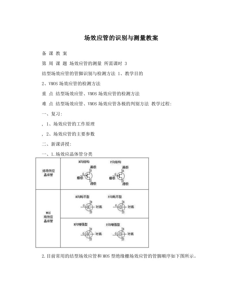 场效应管的识别与测量教案