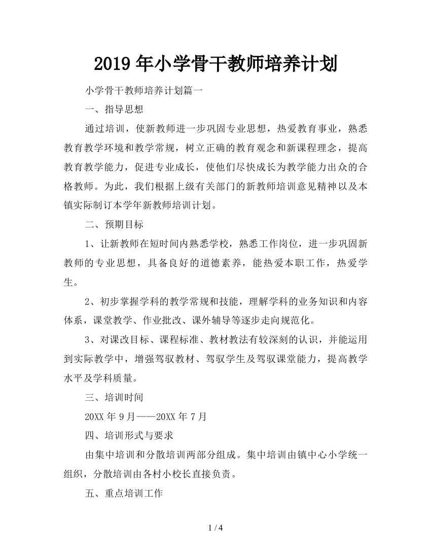 2019年小学骨干教师培养计划