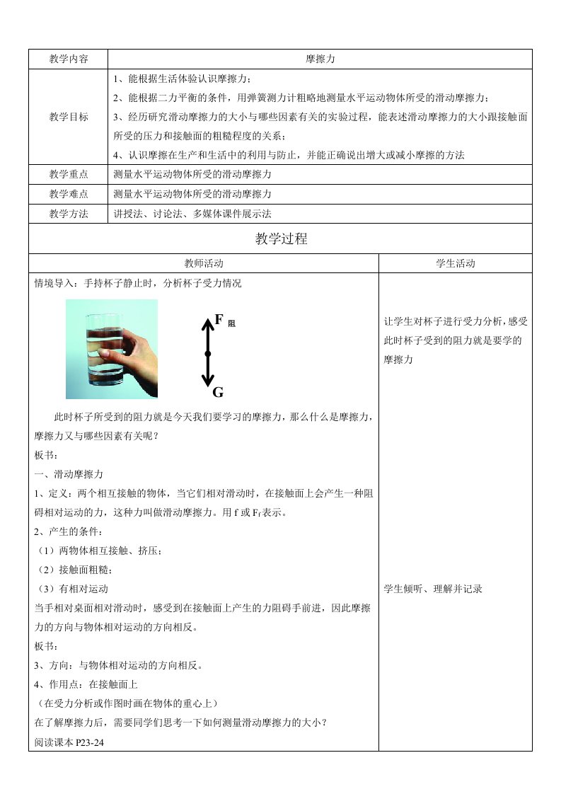 教学内容摩擦力教学目标1、能根据生活体验认识摩擦力