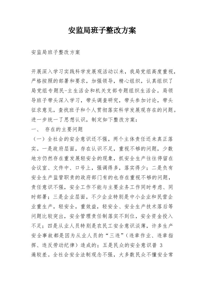 安监局班子整改方案