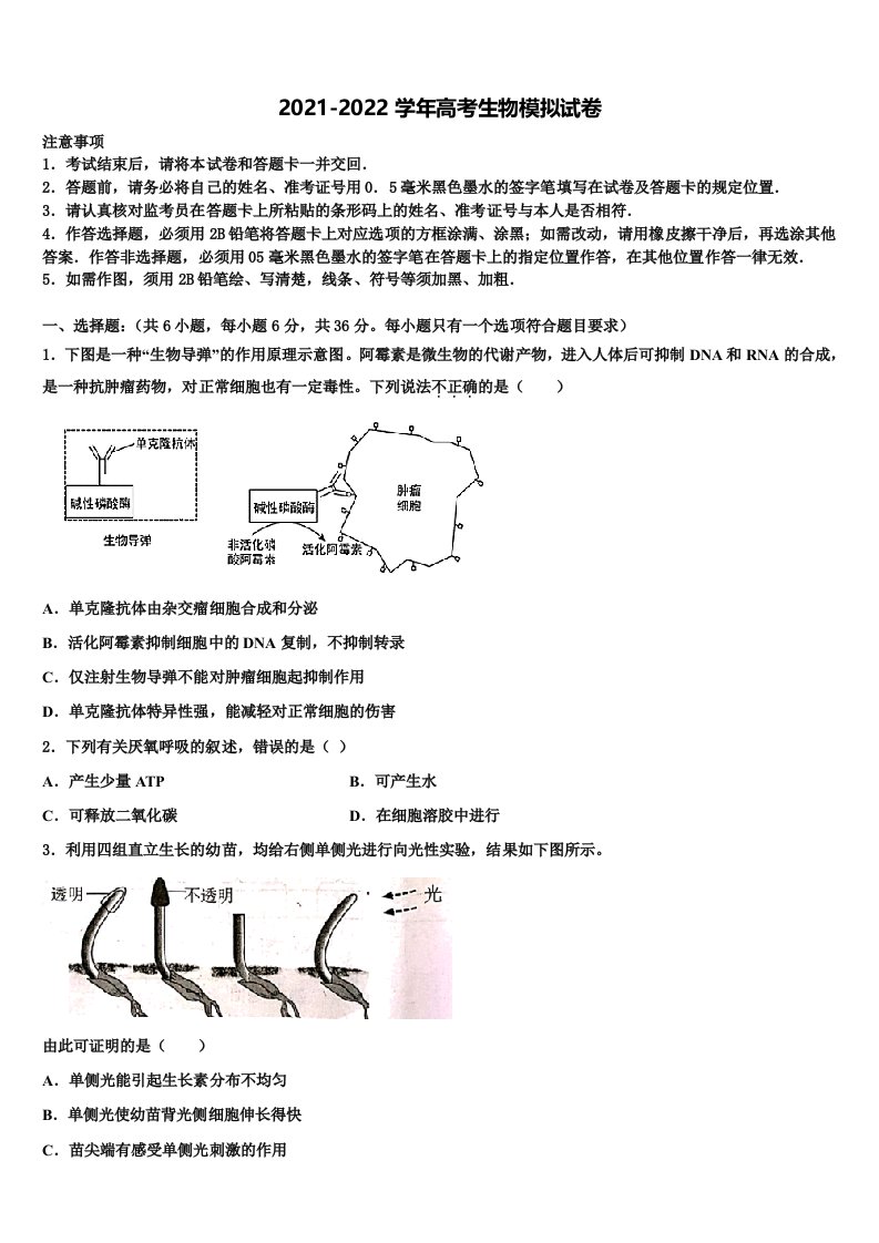 2021-2022学年贵州省独山县第四中学高三第三次模拟考试生物试卷含解析