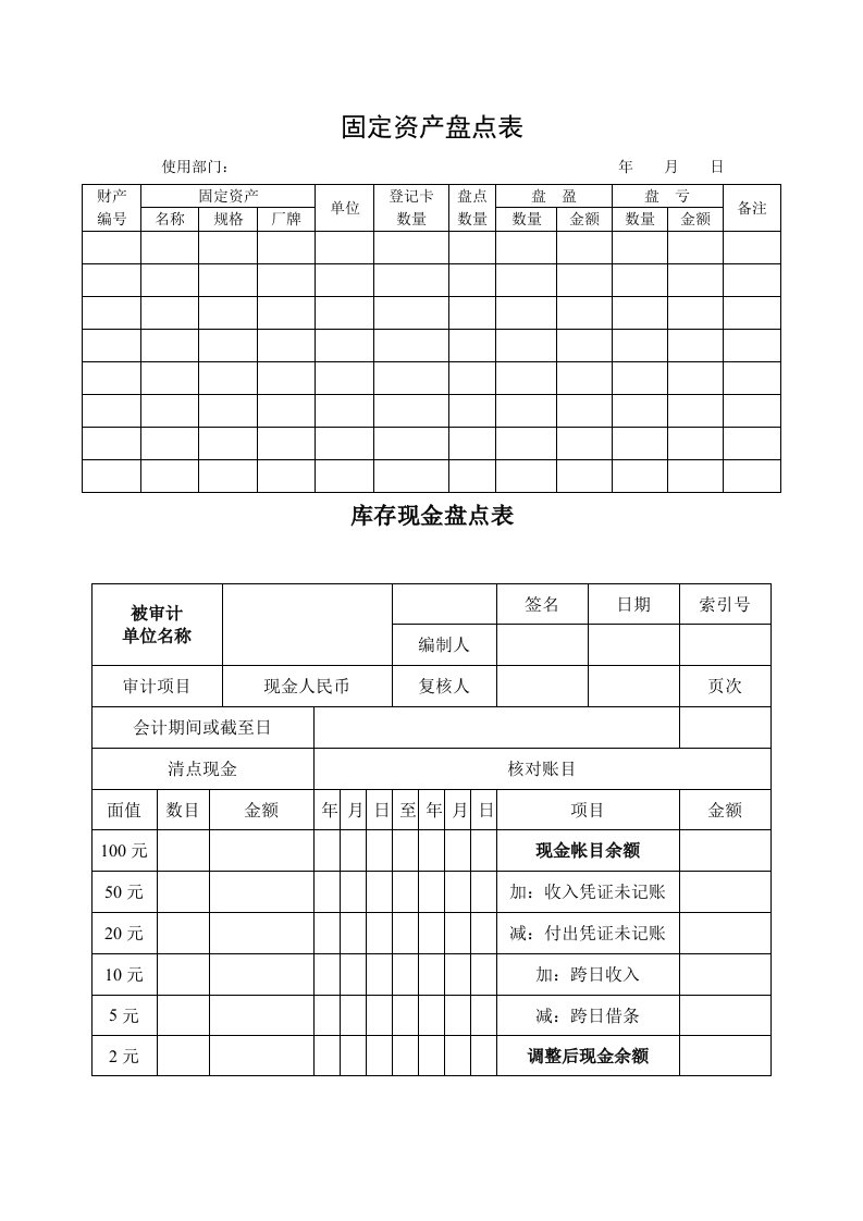 固定资产库存现金表格