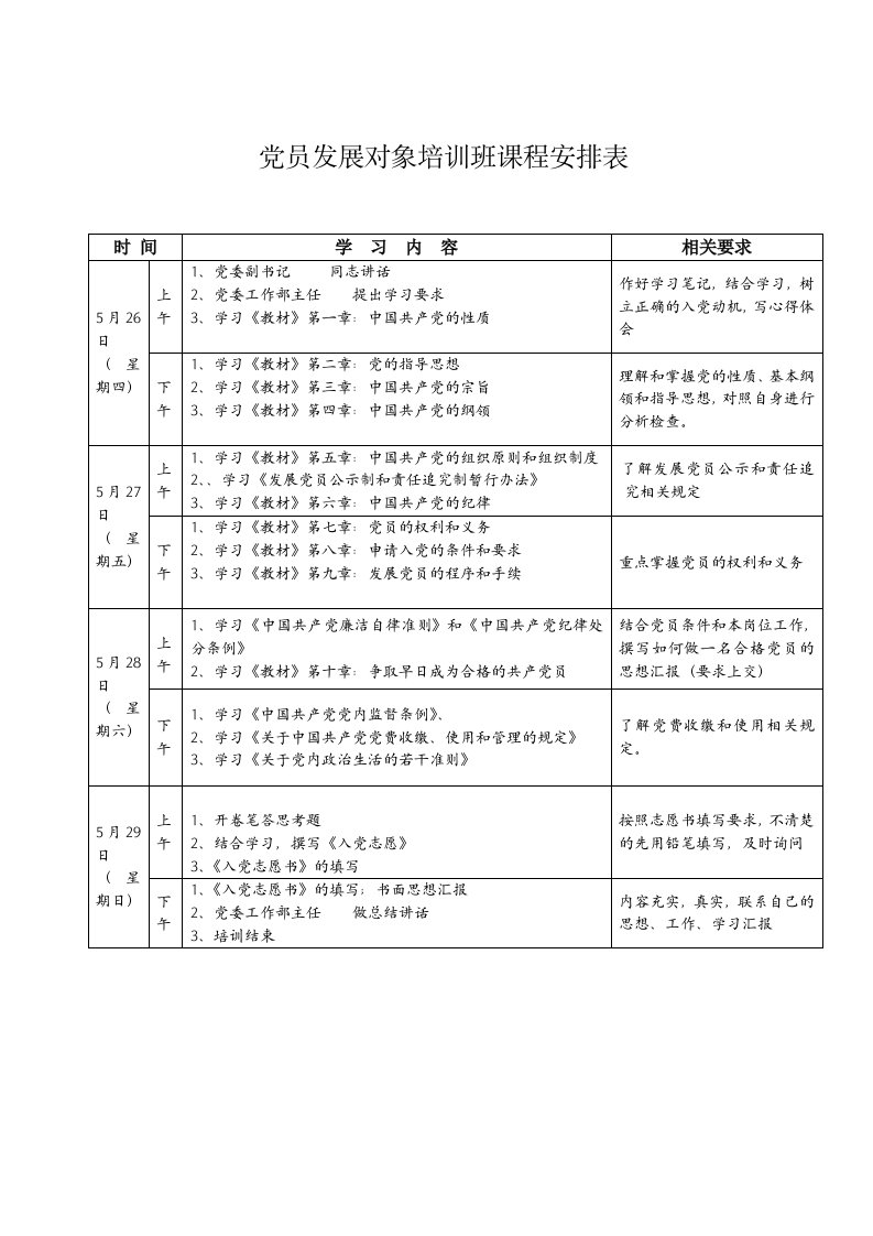 党员发展培训班课程表