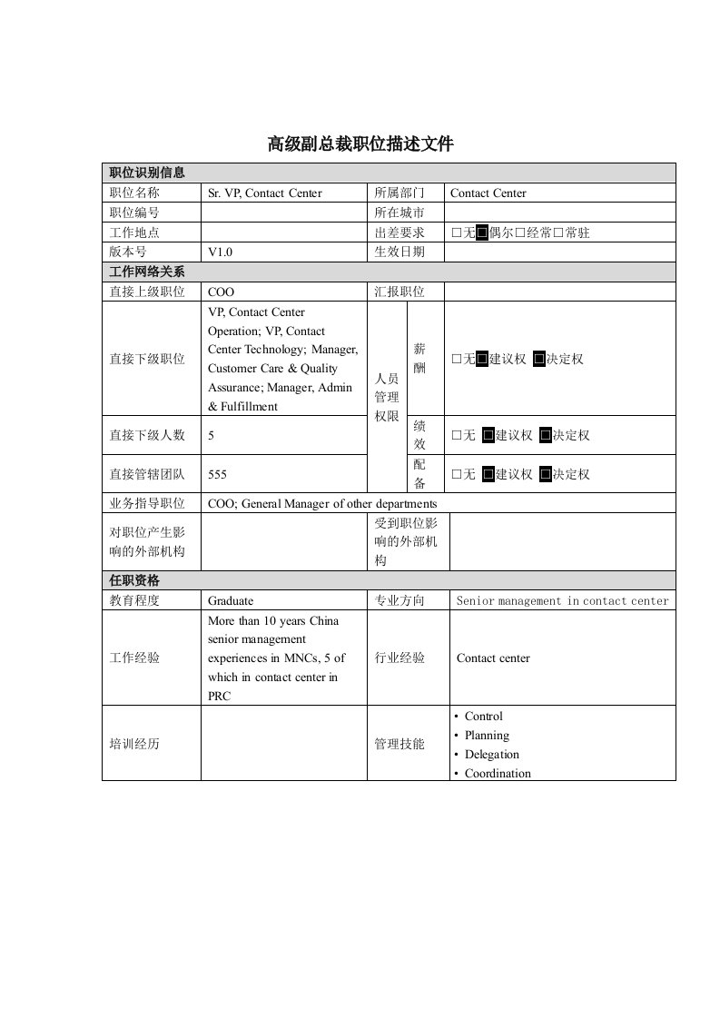 高级副总裁岗位说明书