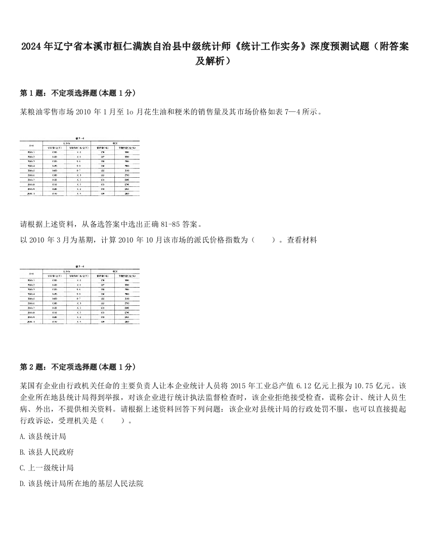 2024年辽宁省本溪市桓仁满族自治县中级统计师《统计工作实务》深度预测试题（附答案及解析）