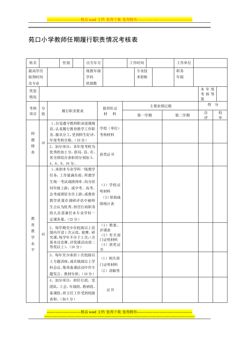 苑口小学教师任期履行职责情况考核表