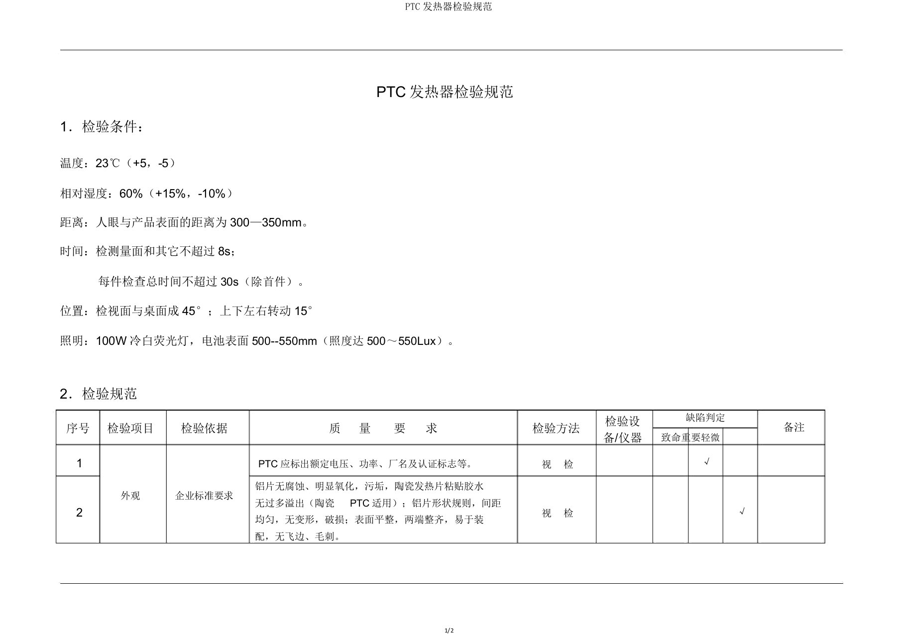 PTC发热器检验规范