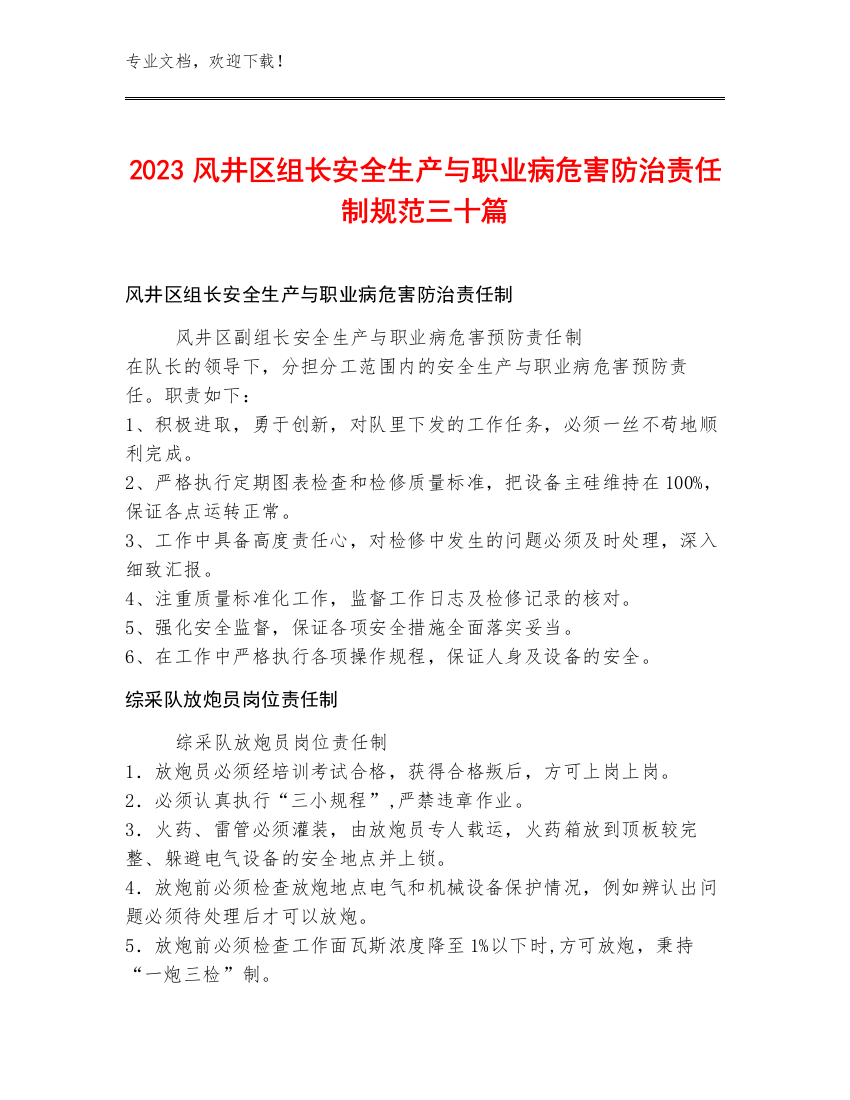 2023风井区组长安全生产与职业病危害防治责任制规范三十篇