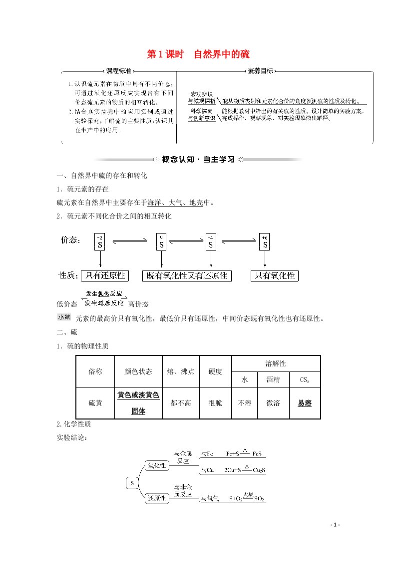 福建专用2021_2022学年新教材高中化学第3章物质的性质与转化第2节第1课时自然界中的硫学案鲁科版必修1