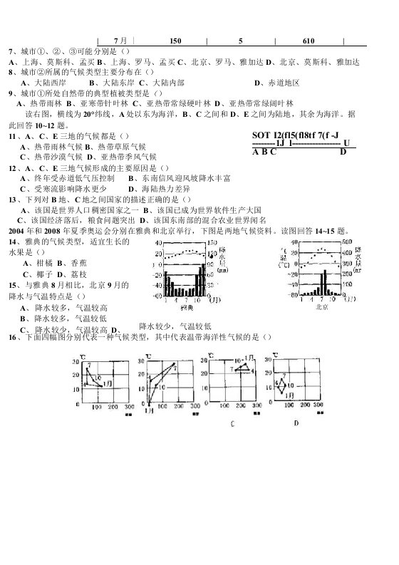 高一地理气候类型的判读练习题