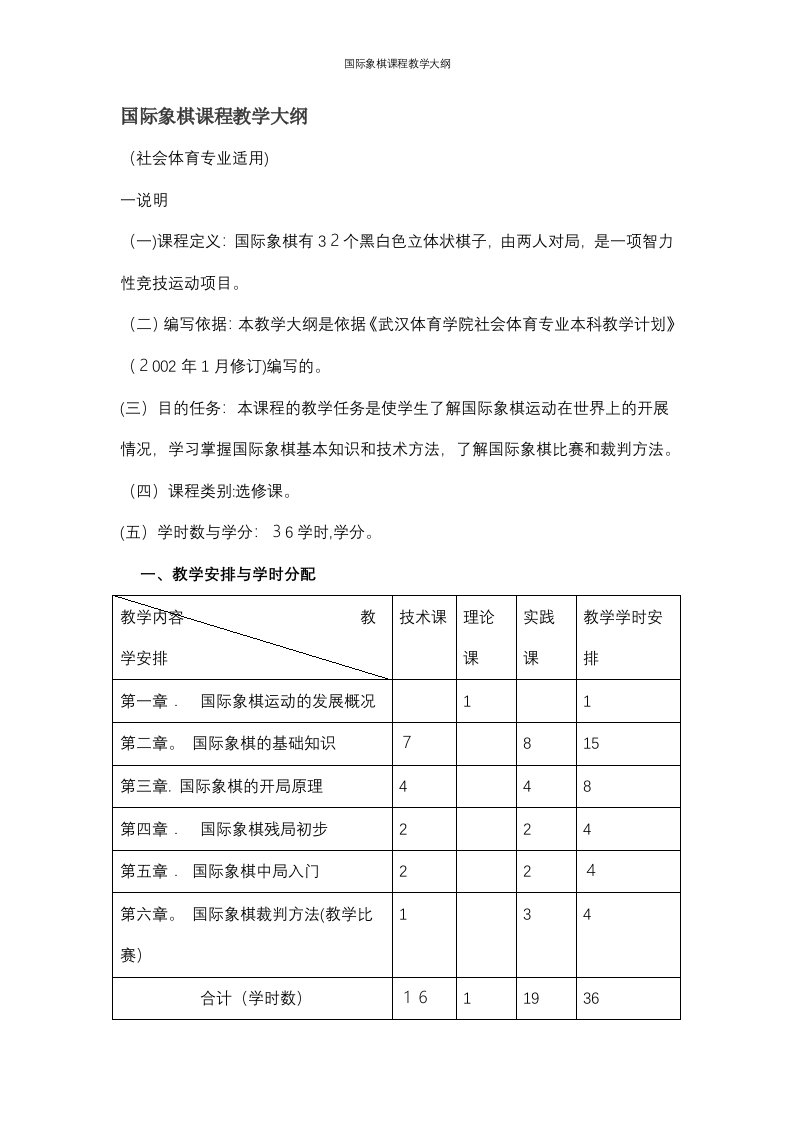 国际象棋课程教学大纲