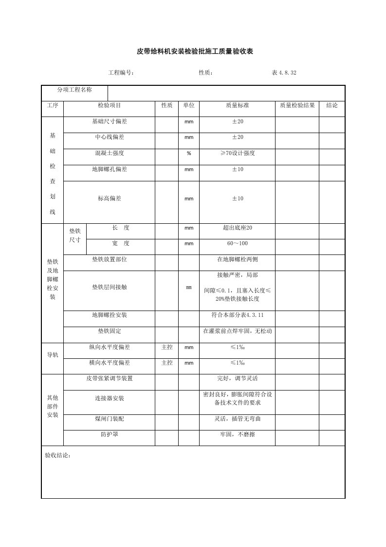 皮带给料机安装检验批施工质量验收表
