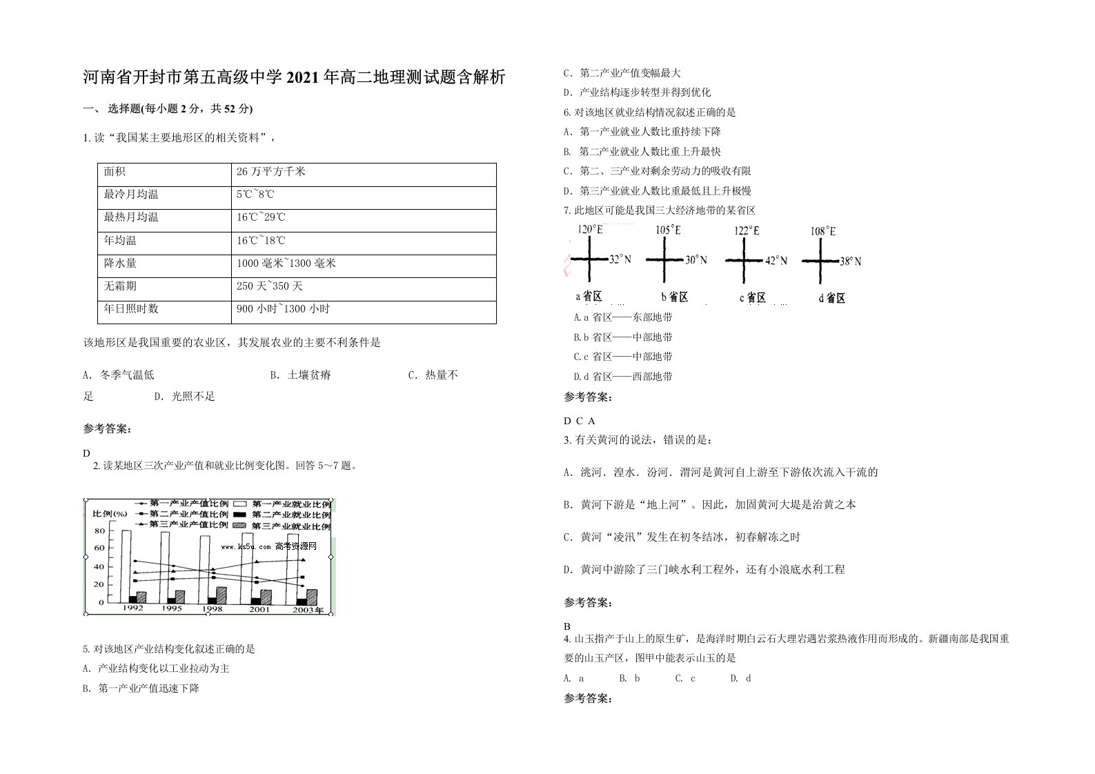 河南省开封市第五高级中学2021年高二地理测试题含解析