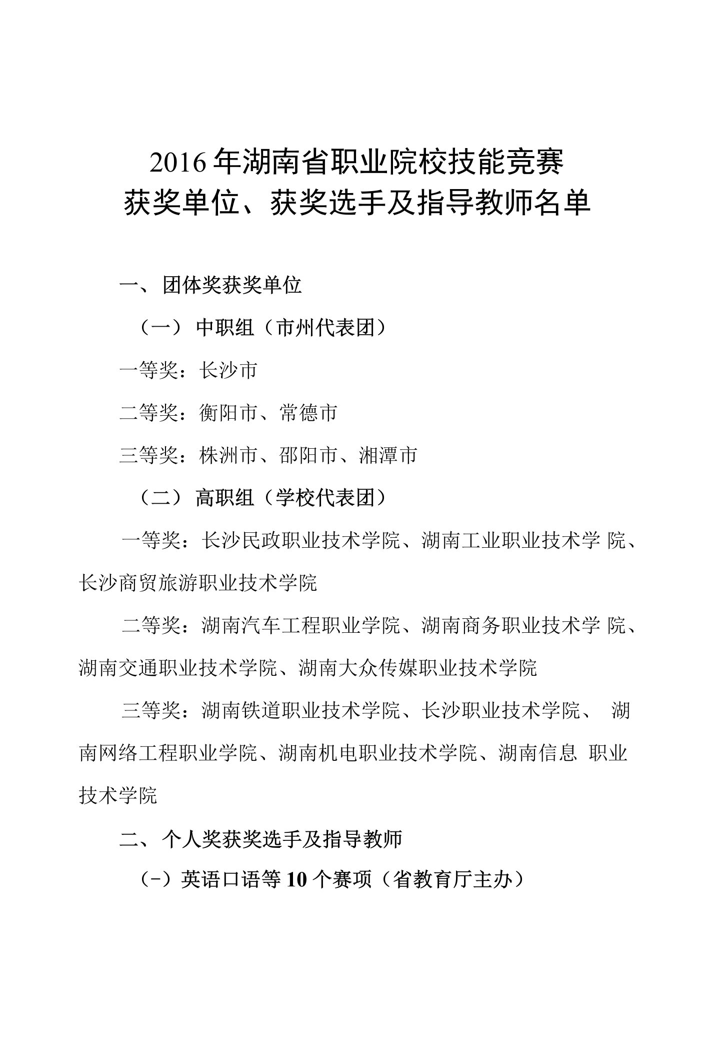 2016年湖南省职业院校技能竞赛获奖单位、获奖选手及指导教师名单