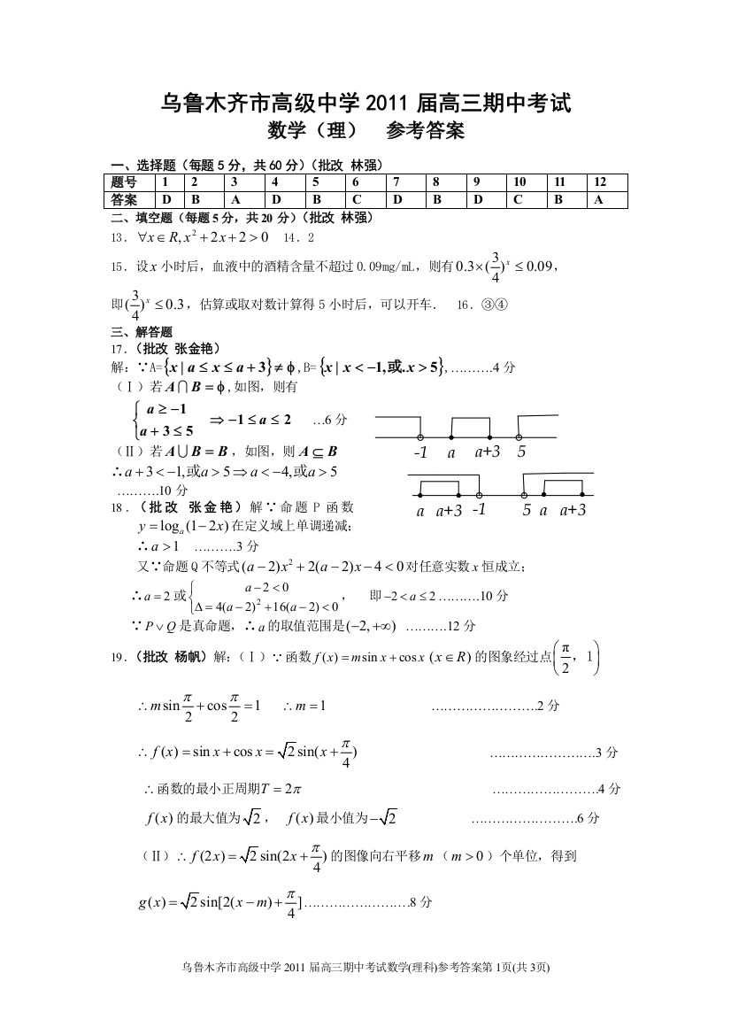 【小学中学教育精选】【小学中学教育精选】【小学中学教育精选】乌鲁木齐市高级中学2011届高三期中考试试卷(理科)参考答案