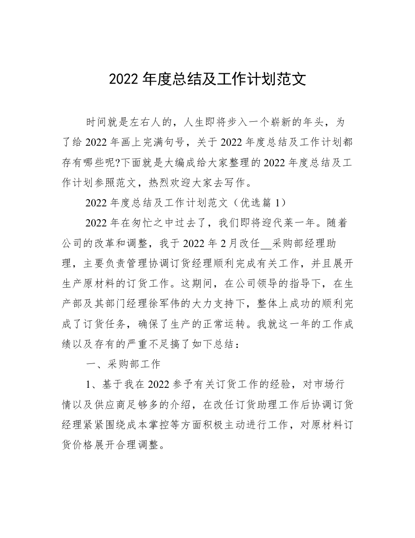 2022年度总结及工作计划范文