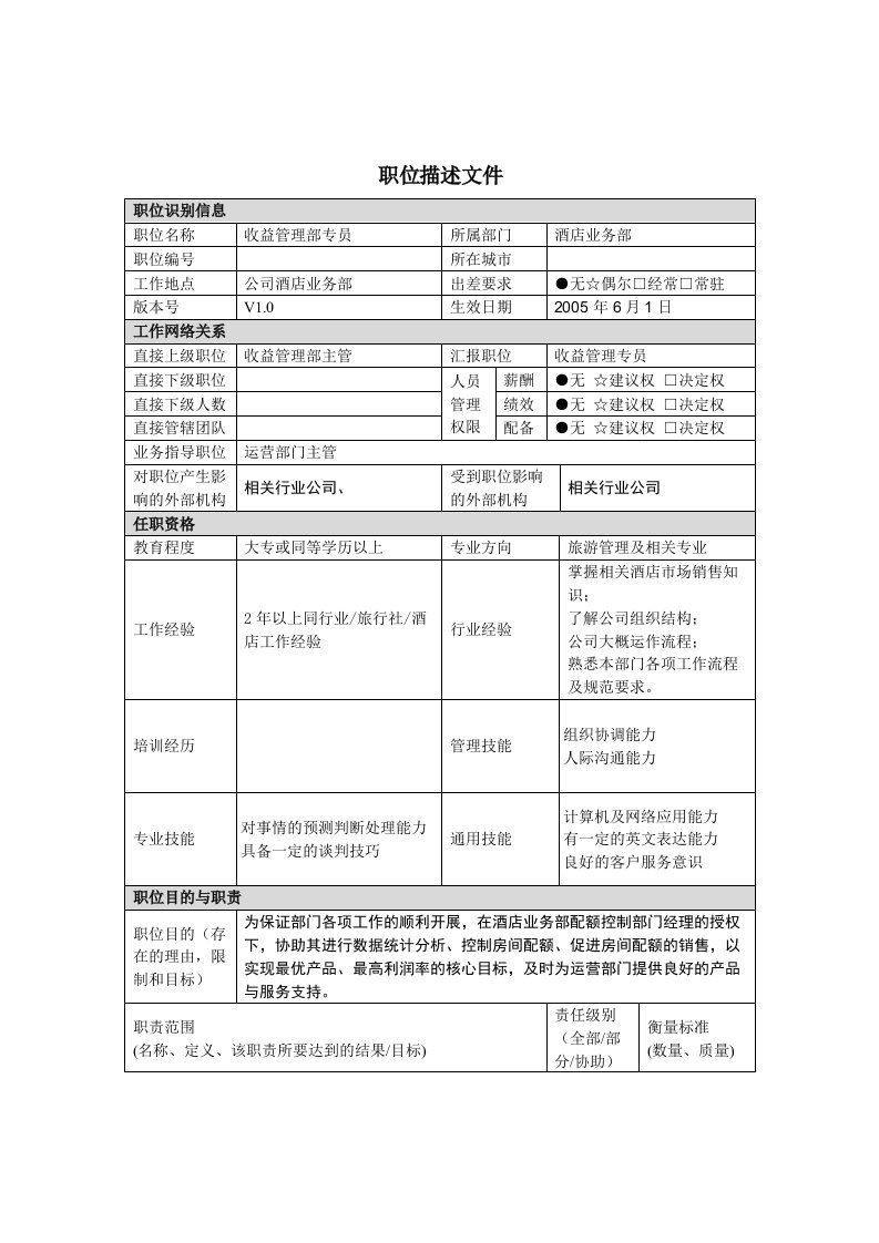 酒店收益管理部专员职位描述