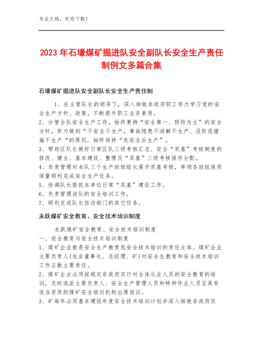 2023年石壕煤矿掘进队安全副队长安全生产责任制例文多篇合集