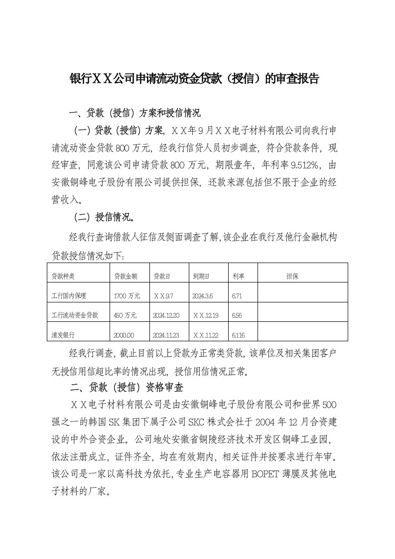 银行ⅩⅩ公司申请流动资金贷款授信的审查报告