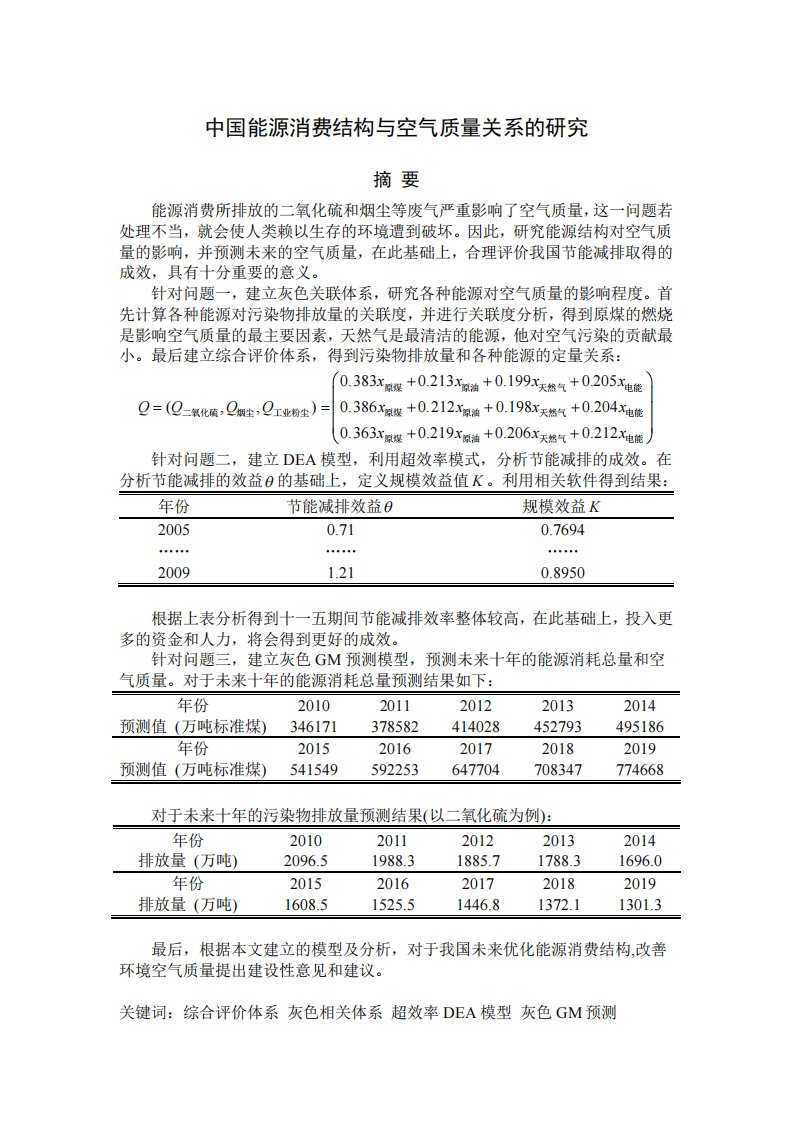 数学建模论文-中国能源消费结构与空气质量关系的研究