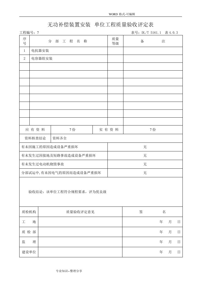 无功补偿装置安装单位工程质量验收评定表