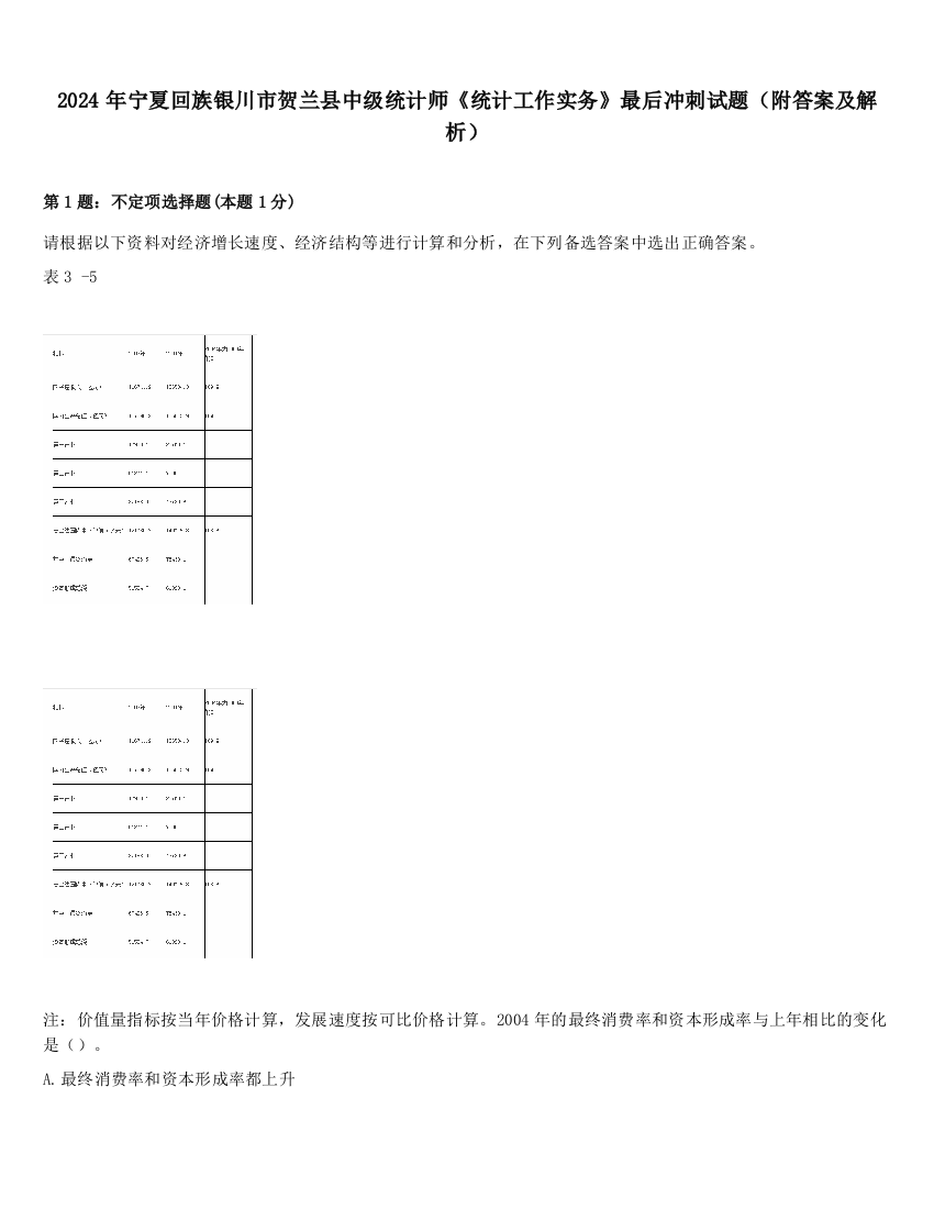 2024年宁夏回族银川市贺兰县中级统计师《统计工作实务》最后冲刺试题（附答案及解析）