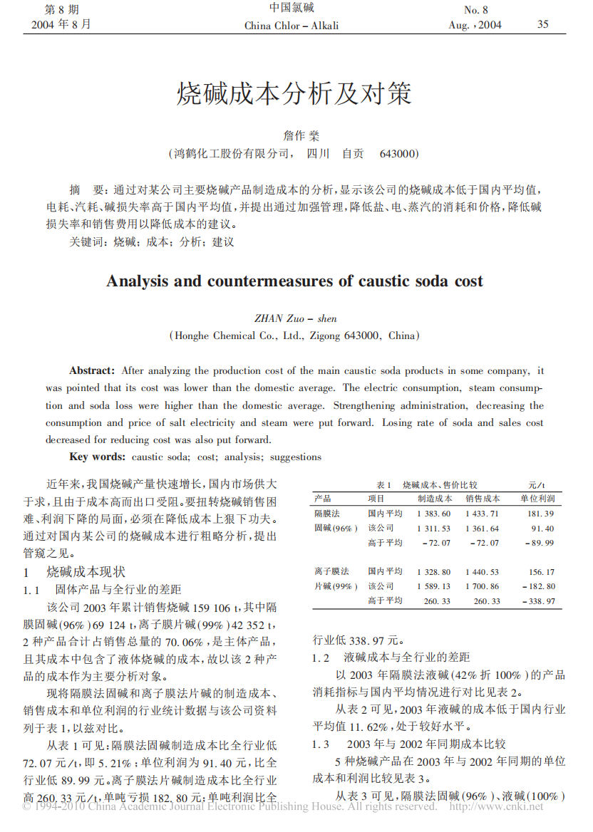 烧碱成本分析及对策