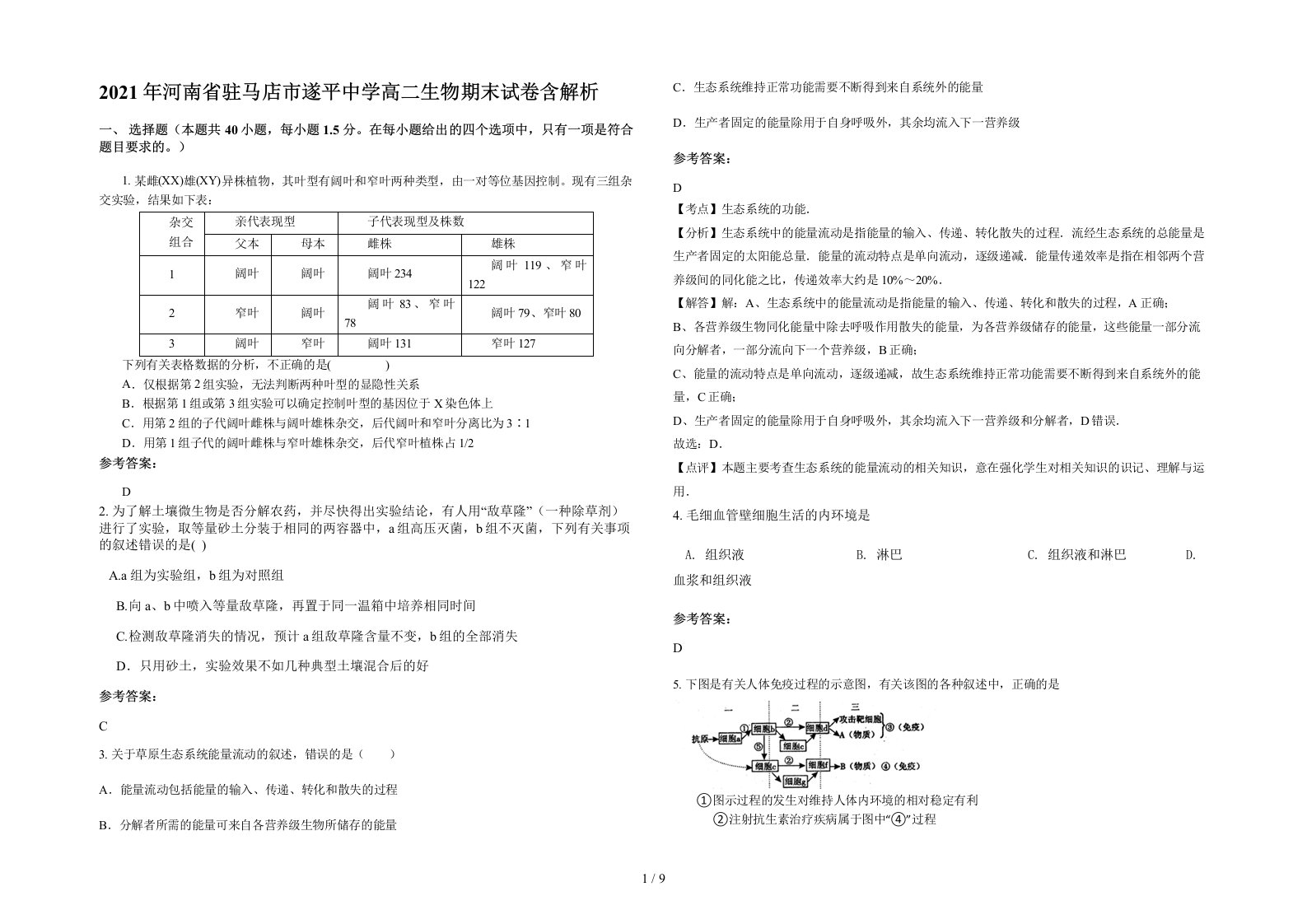 2021年河南省驻马店市遂平中学高二生物期末试卷含解析