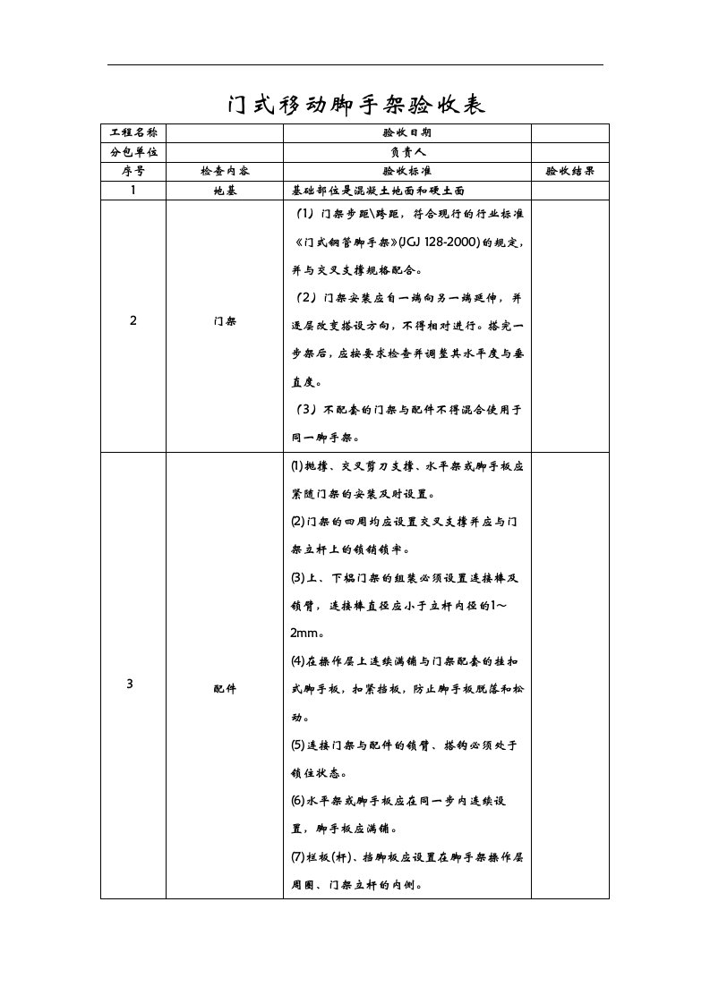 门式移动脚手架验收表