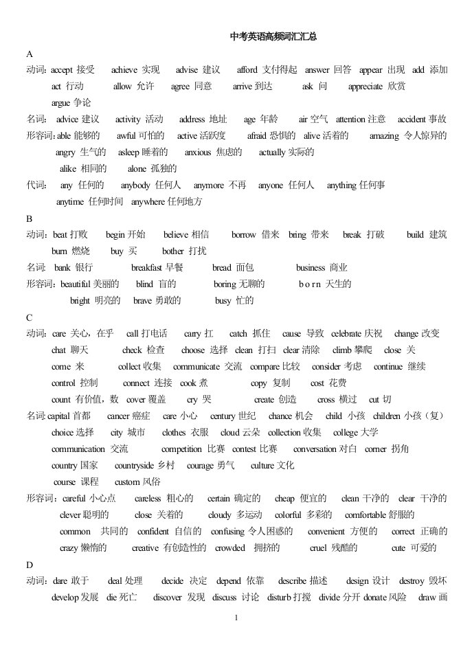 中考英语高频词汇汇总资料1