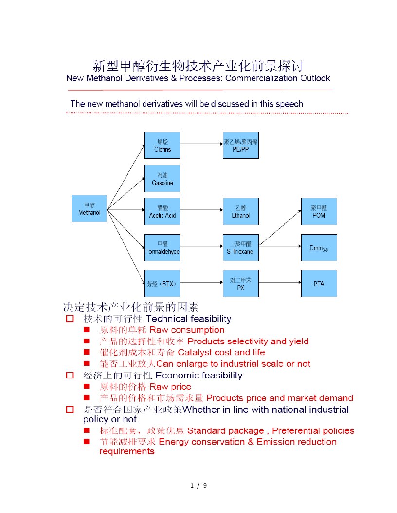 新型甲醇衍生物技术产业化前景探讨