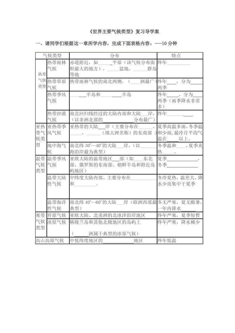 世界主要气候类型复习导学案