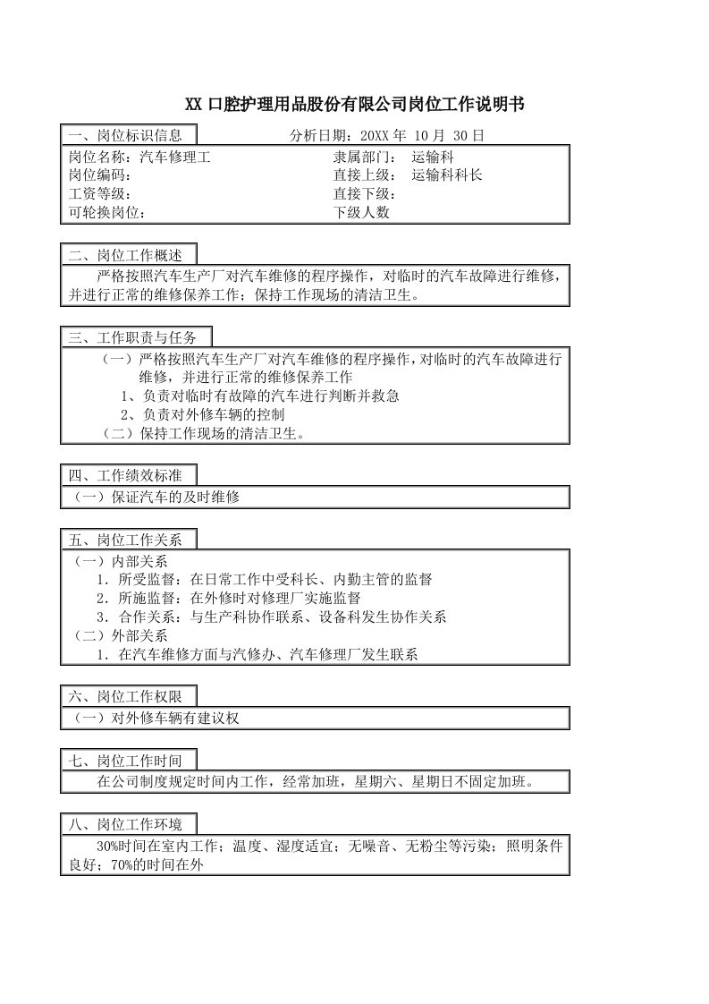 医疗行业-医药行业运输科汽车修理工岗位说明书