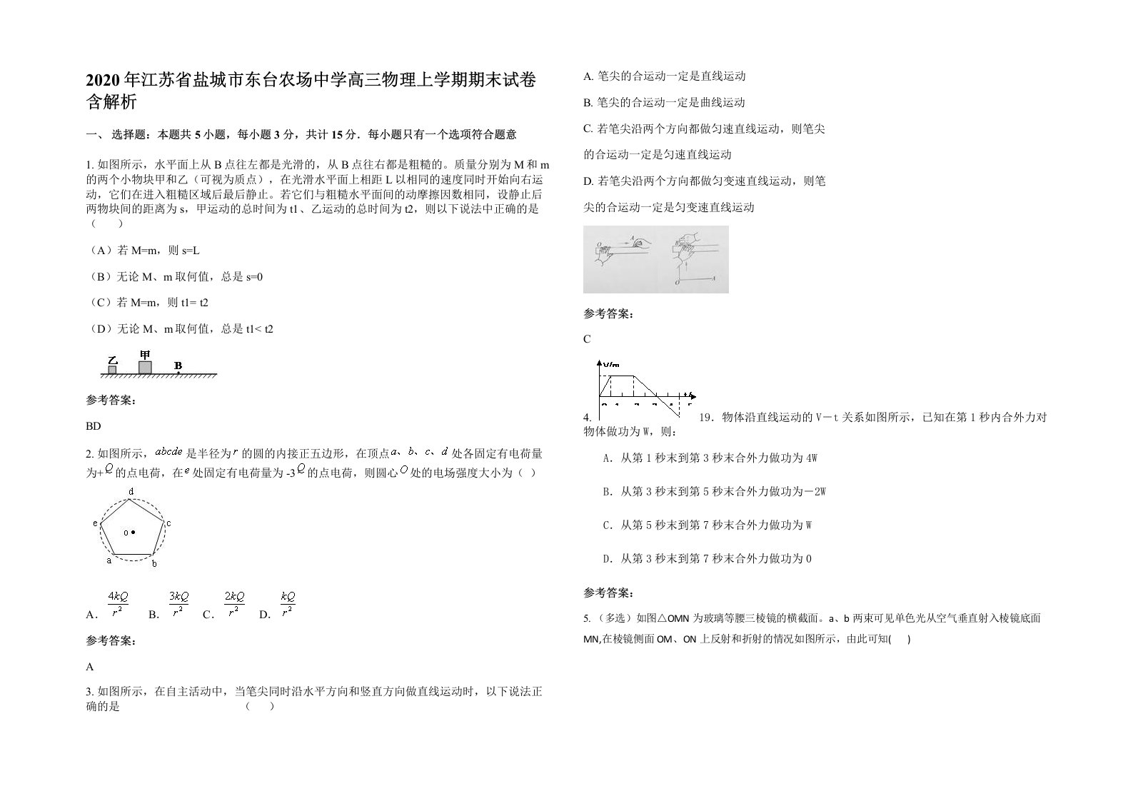 2020年江苏省盐城市东台农场中学高三物理上学期期末试卷含解析