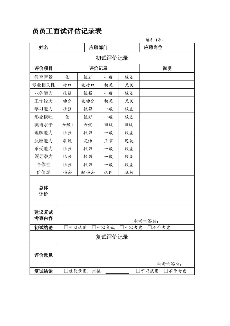 HR工具箱——员工面试评估记录表