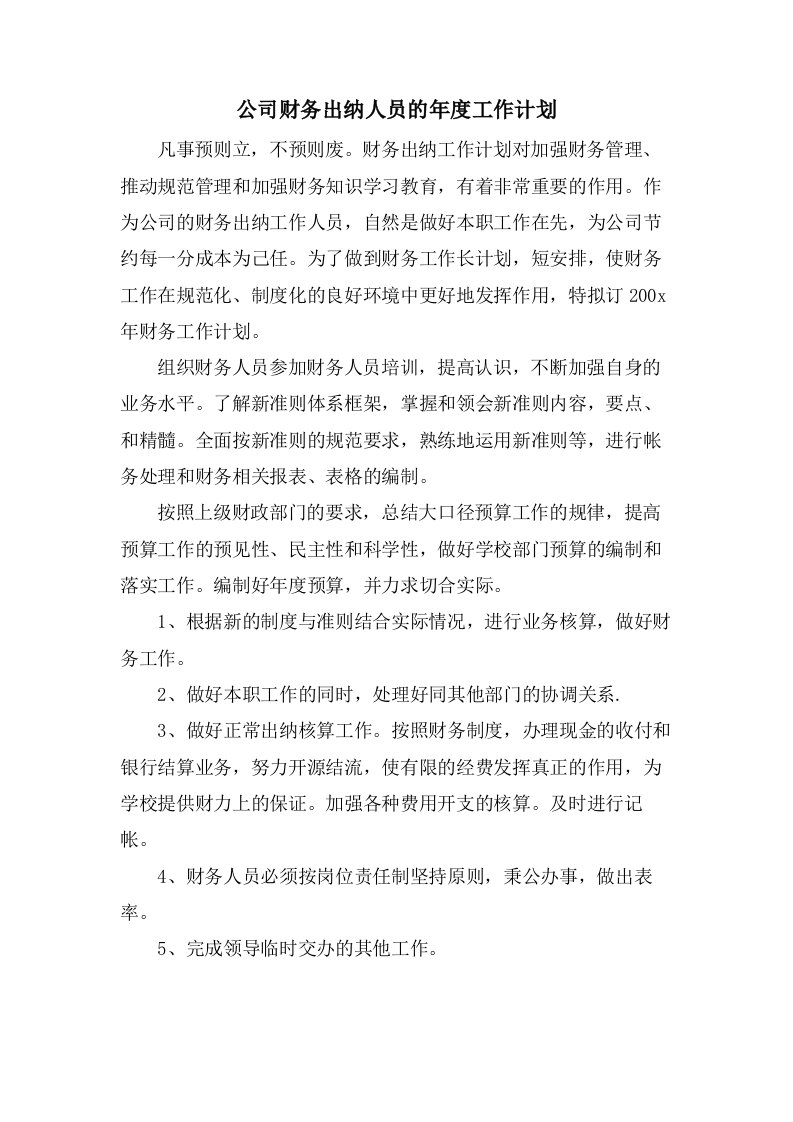 公司财务出纳人员的年度工作计划