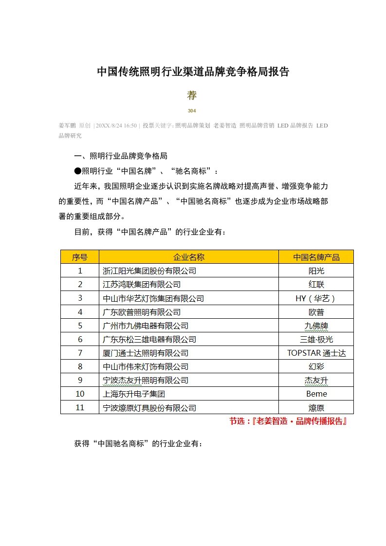 行业报告-中国传统照明行业渠道品牌竞争格局报告