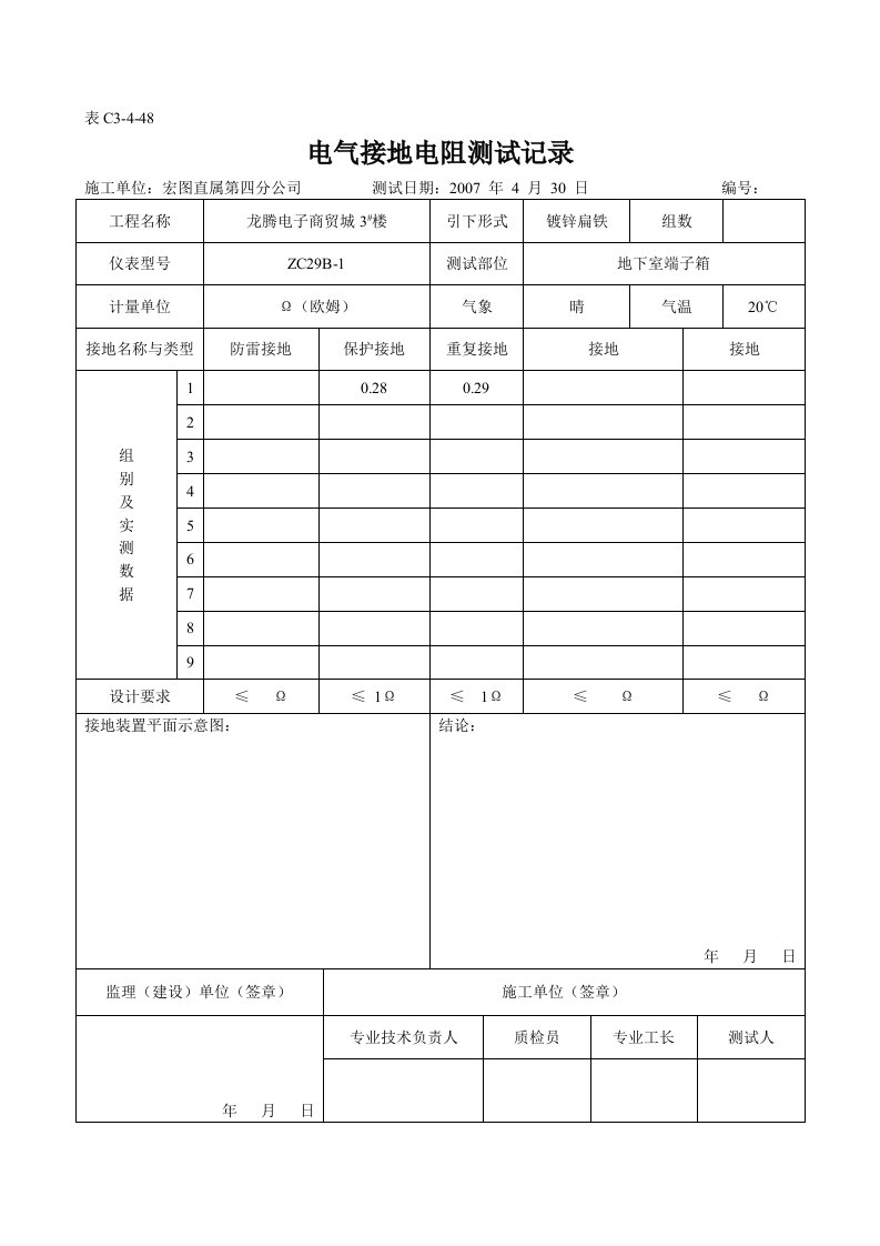 电气接地电阻测试记录表C3-4-48