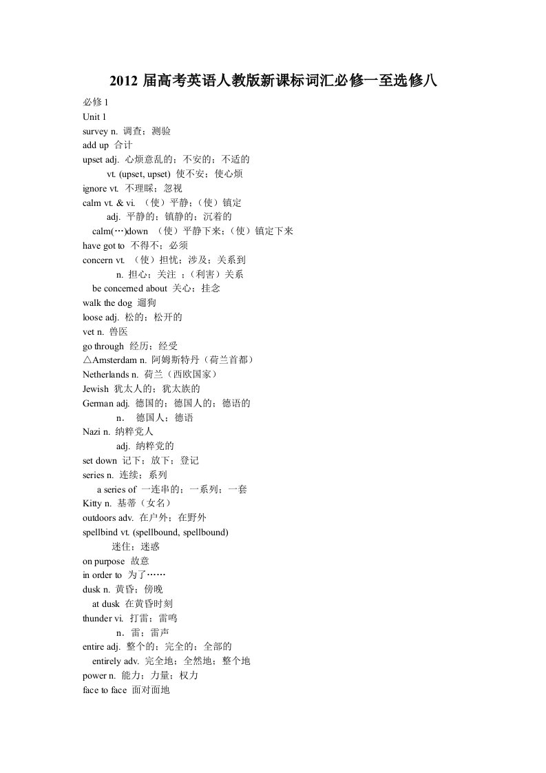 2012届高考英语人教版新课标词汇必修一至选修八