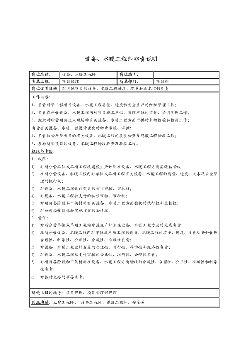 新疆国际置地公司设备&水暖工程师职责说明书