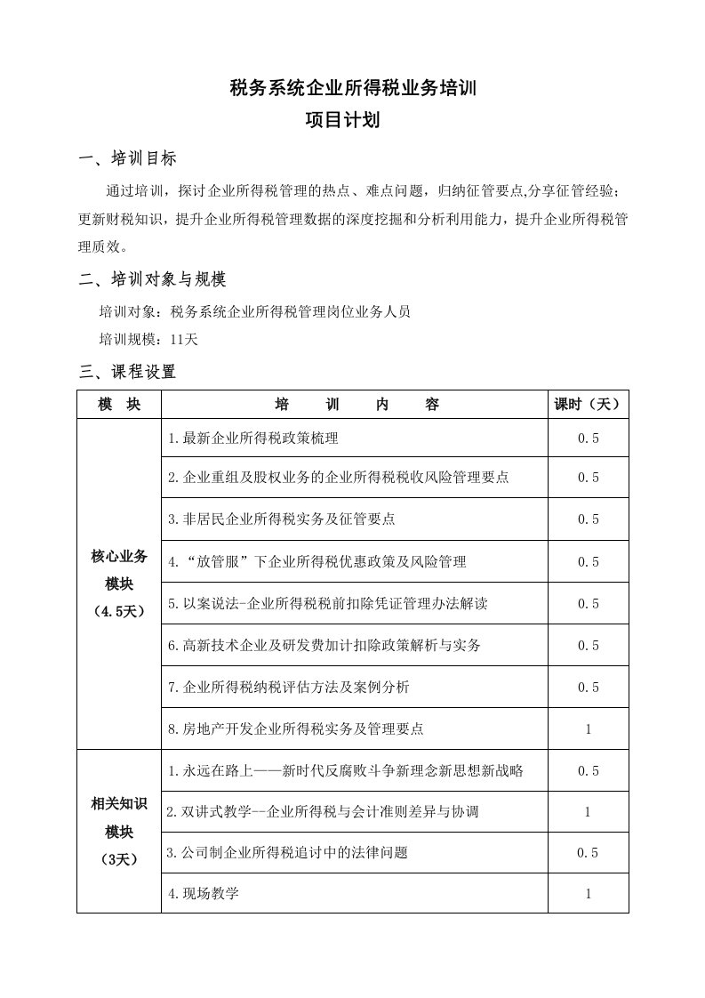 税务系统企业所得税业务培训项目计划