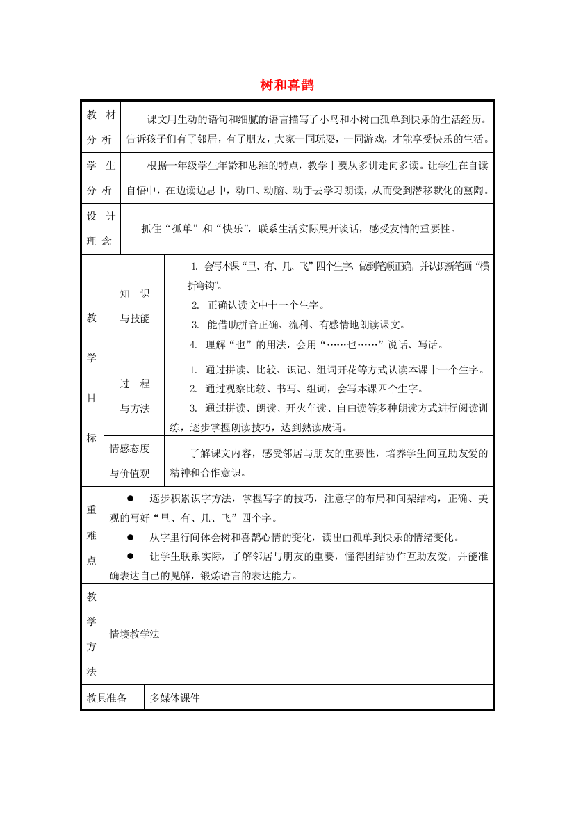 秋一年级语文上册《树和喜鹊》教案