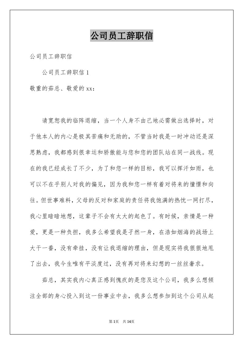 公司员工辞职信例文5