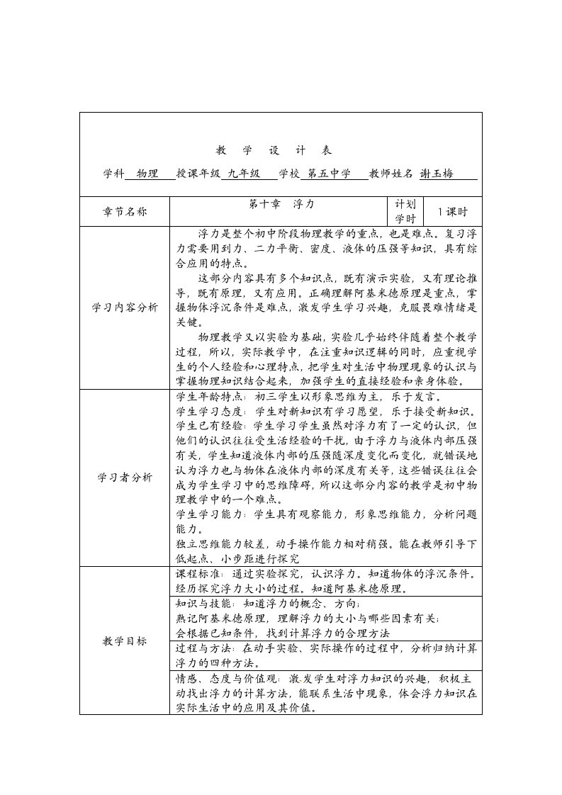 《浮力复习课》教学设计宁江五中谢玉梅