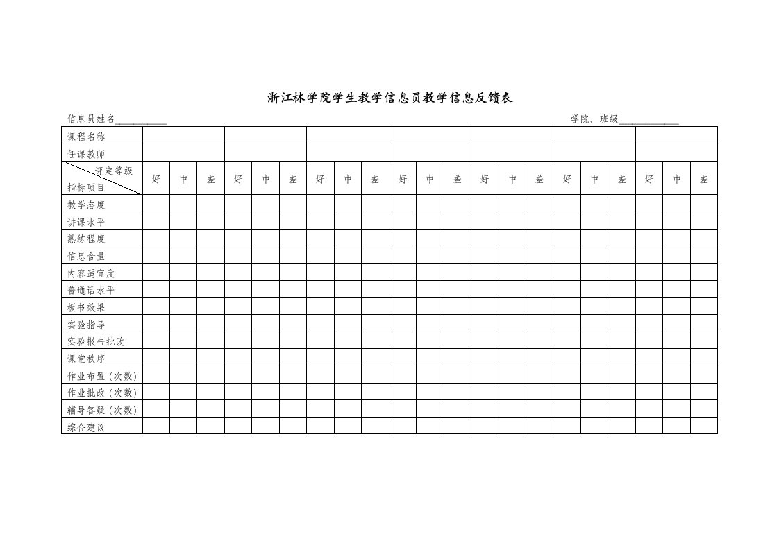 浙江林学院学生教学信息员教学信息反馈表