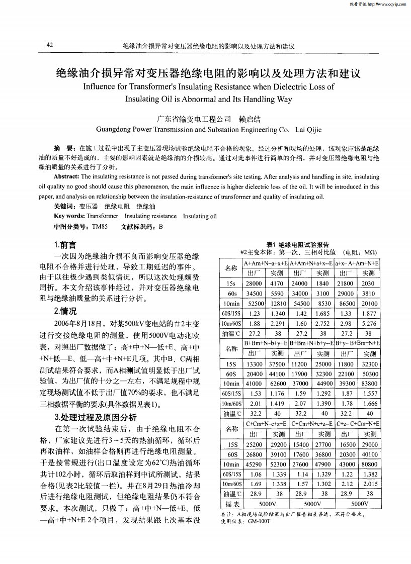 绝缘油介损异常对变压器绝缘电阻的影响以及处理方法和建议.pdf