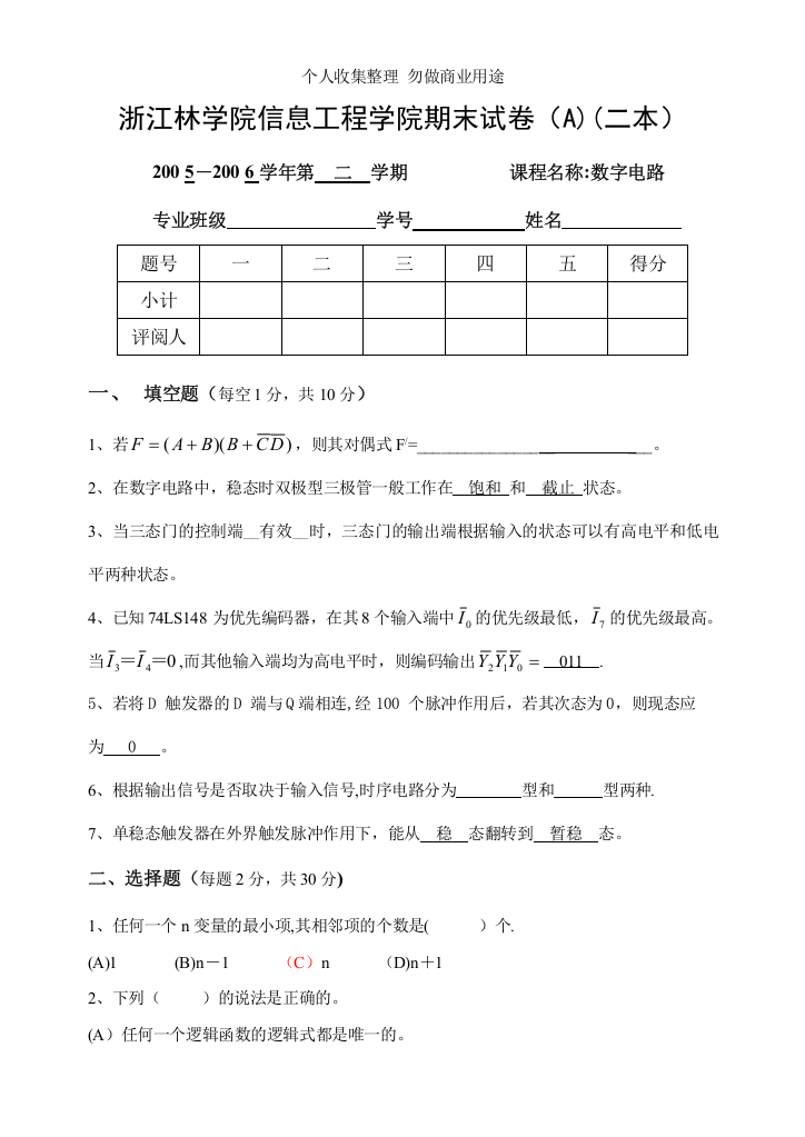 浙江林学院信息工程学院期末数电试卷