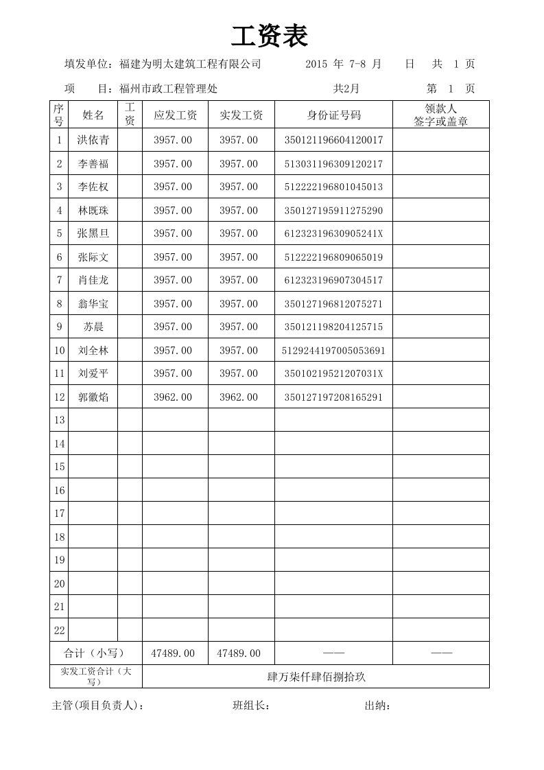 工资表花名册