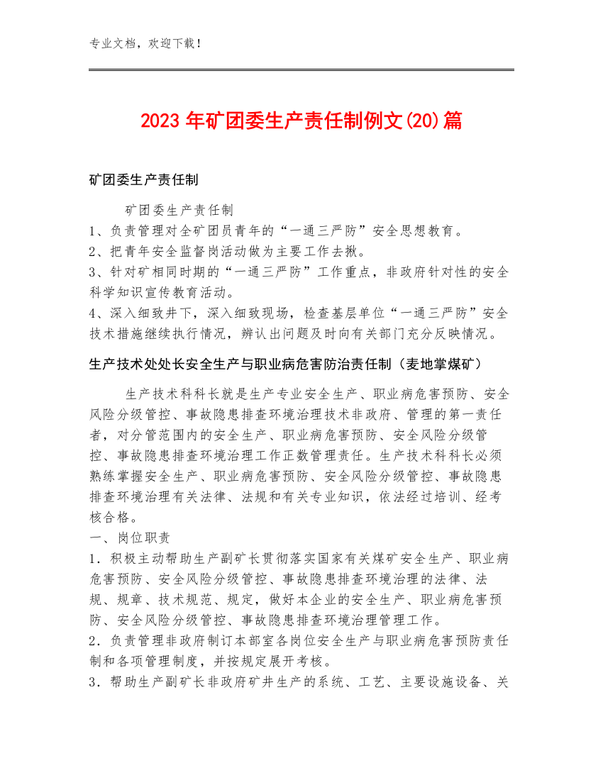 2023年矿团委生产责任制例文(20)篇