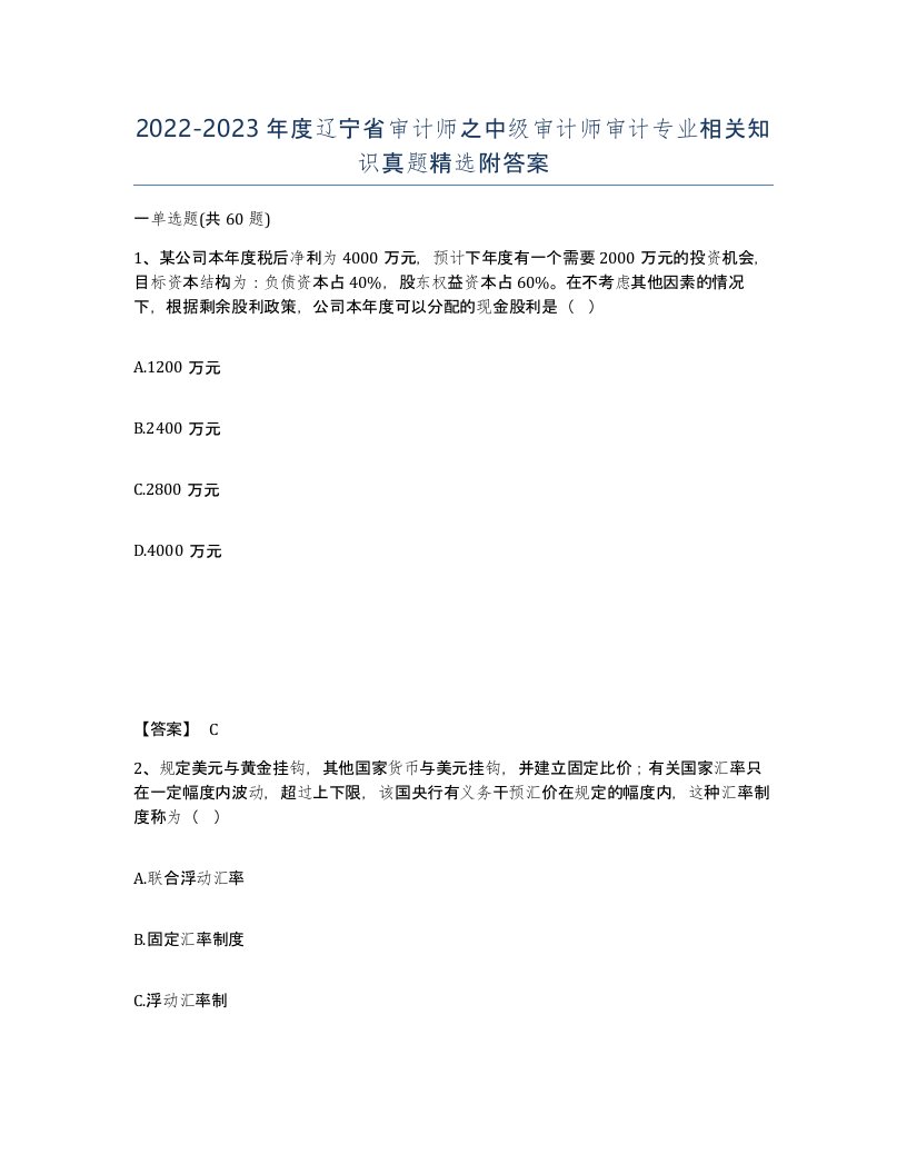 2022-2023年度辽宁省审计师之中级审计师审计专业相关知识真题附答案